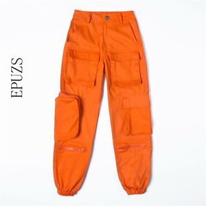 Pantalones cargo naranjas de moda para mujer, joggers de cintura alta, ropa de calle de camuflaje, pantalones capris sueltos con bolsillo 210521