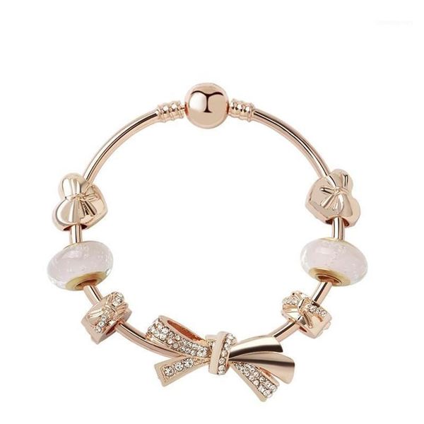 Moda Original Pandoras 925 Plata Oro Rosa Vidrio Brillante Arco Pulseras Brazaletes Conjunto DIY Joyería Charm Beads Regalo de vacaciones Bang199m7MGL