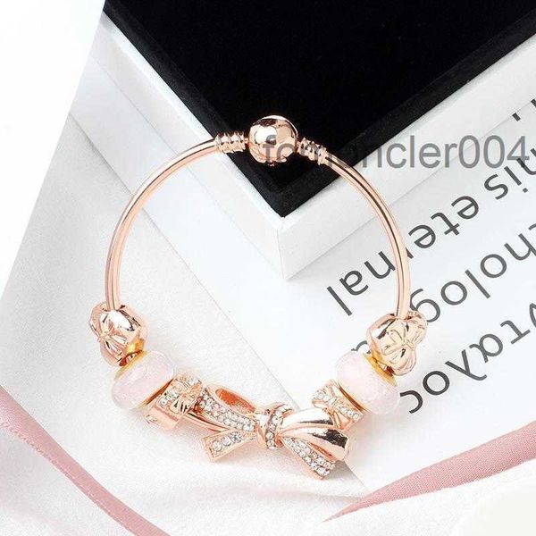 Fashion Original Pandoras 925 Silver Rose Gold Glass Brilliant Bow Bracelets Bangles Set Bijoux Bijoux Perles de vacances Gift Bang247m Yimh