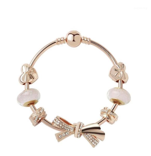 Fashion Original S 925 Silver Rose Gold Glass Brilliant Bow Bracelets Bangles Set Bricoly Bijoux Perles de vacances Cadeau de vacances 7447555