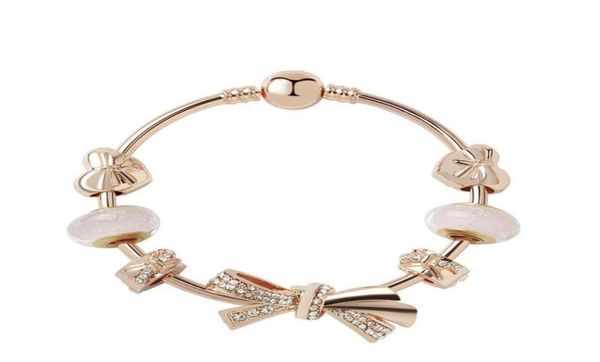 Mode Original s 925 Argent Rose Or Verre Brillant Arc Bracelets Bracelets Ensemble Bijoux À Bricoler Soi-Même Perles De Charme Cadeau De Vacances Bangle6130769