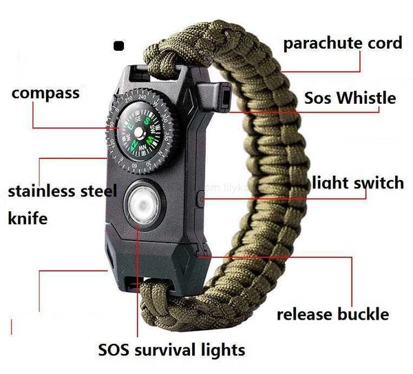 Moda al aire libre Escalada Cuerda Cuerda de supervivencia Pulseras Paracord Pulseras con SOS Lámpara LED Luz Brújula Esperanza Brazaletes herramienta de rescate táctico