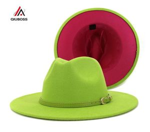 Moda Exterior Verde Lima Interior Rosy Patchwork Para Mujer Sombreros De Fieltro De Ala Ancha Señora Panamá Vintage Unisex Sombrero Fedora Jazz Cap L XL6719629469706