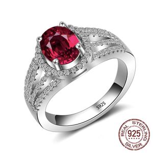 Anillo de circonita cúbica con piedra preciosa roja ovalada a la moda, anillos de boda de compromiso de plata de ley 925 sólida para mujer, regalo J-340227E