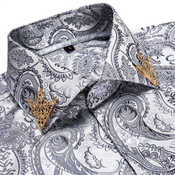 Mode Paisley Floral hommes chemise argent blanc affaires décontracté à manches longues col Social chemises marque mâle bouton Blouses 240127