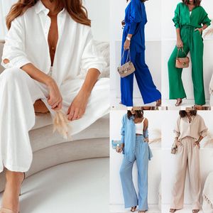 Fashion Pant Sets Summer Office Chic Shirts Tweedelig pak Set Women Elegant Wide Pants Outfits Tracksuit 2023 voor vrouwen