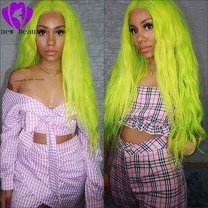 Mode fête/cosplay style naturel ondulé synthétique dentelle avant perruques couleur verte brésilienne pleine perruque résistant à la chaleur fibre cheveux pour les femmes