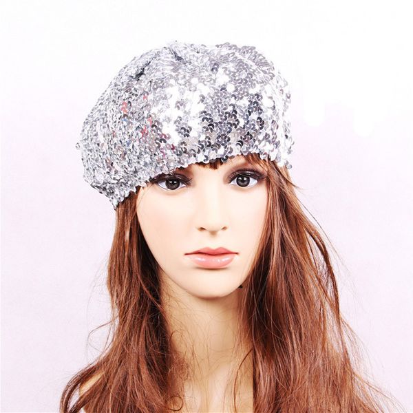 Mode Parti Paillettes Béret Chapeau Stretch Crochet Brillant Bérets Cap Vintage Impression Bonnet Chapeaux Club Danse Cap Pour Femmes Filles Cap 14 Couleurs