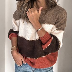 Mode Patchwork O-hals Herfst Winter Sweater 2019 Dames Lange Mouw Warm Gebreide Truien Pullover Vrouwelijke Tops Jumper