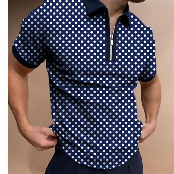 Mode Patchwork Polka Dot Hommes Polos À Manches Courtes Casual Col Rabattu Zipper Design Tops Été Harajuku Streetw 220402