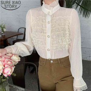 Mode Patchwork Shirt Sweet Lace Women Koreaanse Geparend Stand Kraag Lente Flare Lange Mouw Casual Tops 13298 210506