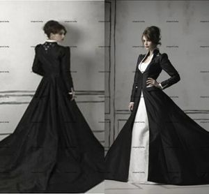 Capilla medieval Tren Rebordear Satén Top Vestidos de novia Vintage negro blanco Bordado gótico Vestidos de novia con mangas largas abrigo dos piezas