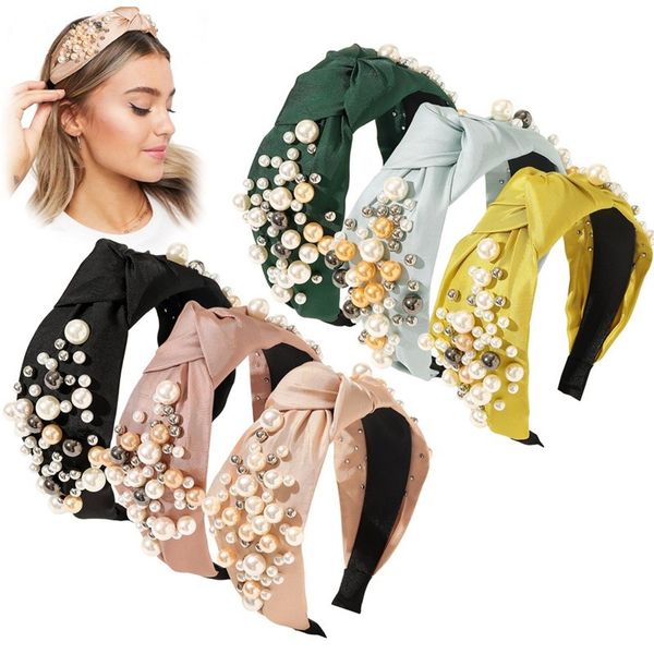 Mode perle cheveux accessoires femmes couleur unie tissu noué bandeaux taille perle bandeau Boutique fille cheveux cerceau chapeaux