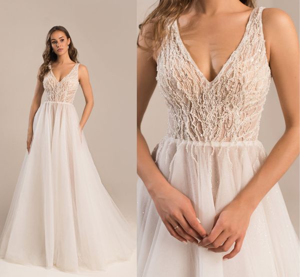 Vestidos de novia con cuentas de perlas a la moda, vestidos de novia con lentejuelas transparentes, vestidos de novia con espalda descubierta hechos a medida de talla grande