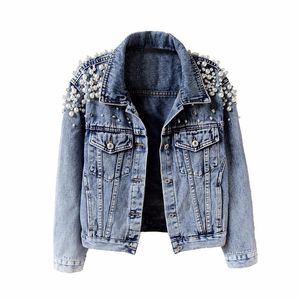 Mode perles recadrée denim veste femmes 2019 deux poches vintage jeans chaqueta mujer mince simple boutonnage jaqueta feminina