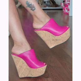 Moda Peep Women Toe High Platform Wedge Blue Red Pink Flipper Sandalias Altura Aumento de zapatos 82a