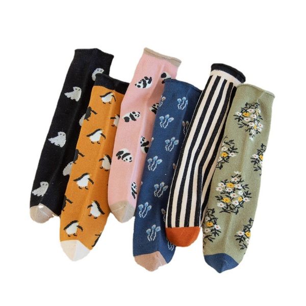 Chaussettes en coton pour enfants, personnalité à la mode, motif pingouin de dessin animé, rose, noir, chaussettes droites décontractées