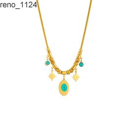 Personalidad de la moda oval turquesa estrella colgante chapado en oro 18 K titanio acero cadena collar joyería de las mujeres