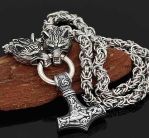 Personnalité de la mode tête de loup en acier inoxydable et collier pendentif marteau Viking Thor039s pour hommes symbole celtique nordique J3799041