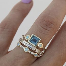 Bague personnalisée en pierre de couleur bleue, ensemble de trois pièces, rondes et carrées, en or jaune 14 carats, bijoux pour femmes, 2024