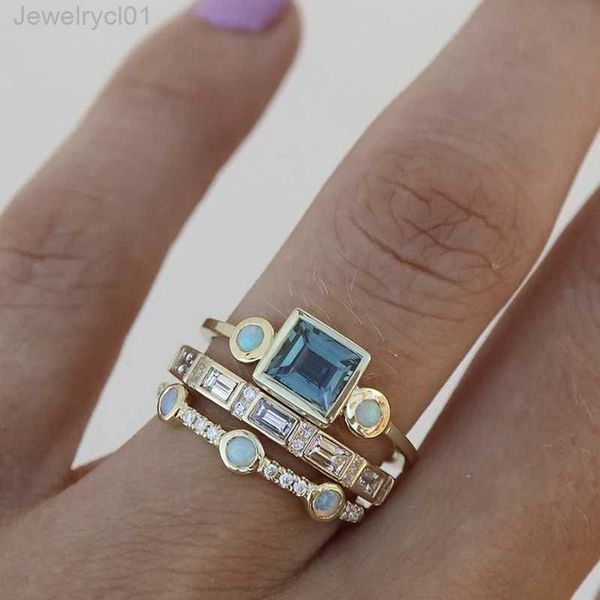 Conjunto de tres piezas de anillo cuadrado redondo de piedra de Color azul personalizado a la moda para mujer, anillos de oro amarillo de 14k, joyería para mujer 202412QA