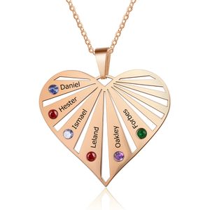 Colliers personnalisés à la mode, pendentif en forme de cœur en acier inoxydable, bijoux pour femmes, gravure de 6 noms, pierres de naissance, cadeau exquis pour la famille