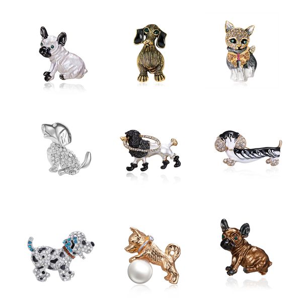 Broche de moda para perros y gatos, broches de animales bonitos con diamantes de imitación, alfileres para amantes de los hombres y mujeres, accesorios de regalo de joyas de cristal esmaltadas para fiestas