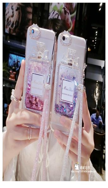Case de teléfonos de moda para iPhone 11 Pro XR XS Max Perfume Bottle Quicksand Case de teléfonos para XR 7 8 6 Plus con Chain4211343