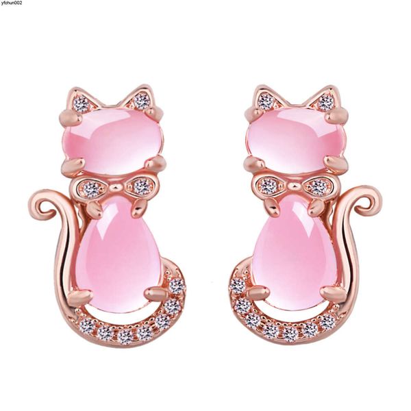 Pendientes de gato colgante de piedra de cristal rosa de moda para femeninos de oro rosa y plata