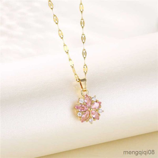 Mode rose cristal Sakura pendentif en acier inoxydable colliers pour femmes mignon romantique femme mariage bijoux cou chaîne