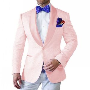 Mode Roze Embossing Bruidegom Tuxedos Shawl Revers Bruidsjonkers Mannen Formele Jas Suits Business Prom Blazer Aanpassen (Jas + Broek + Vlinderdas) 160