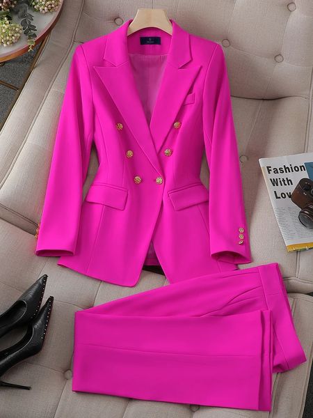 Mode rose vert noir dames travail porter pantalon costume femmes femme bouton décoration formelle veste blazer et pantalon 2 pièces ensemble 240130