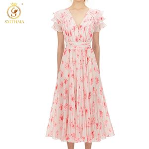 Mode rose imprimé Robe d'été Robe femmes à manches courtes Sexy col en V en mousseline de soie longues Vestidos 210520