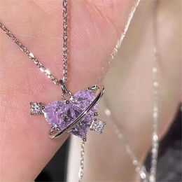 Mode rose violet cristal coeur planète pendentif collier Y2K filles Zircon esthétique clavicule chaîne fête femmes bijoux cadeaux 240311