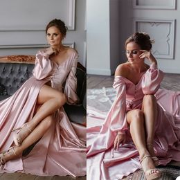 Mode Roze Satijn Zijde Nachtkleding Vrouwen Photoshoot Dress Bridal Long Sleeve Party Avondjurk Badjas Nachthemd