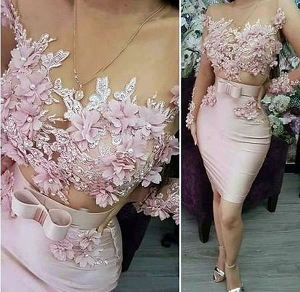 Mode Rose Robes De Cocktail Courtes 2023 Sexy Illusion Femmes Robes De Soirée Fleurs Perles Dentelle Appliques Manches Longues Ins Gala Robe De Bal Occasion Spéciale Porter