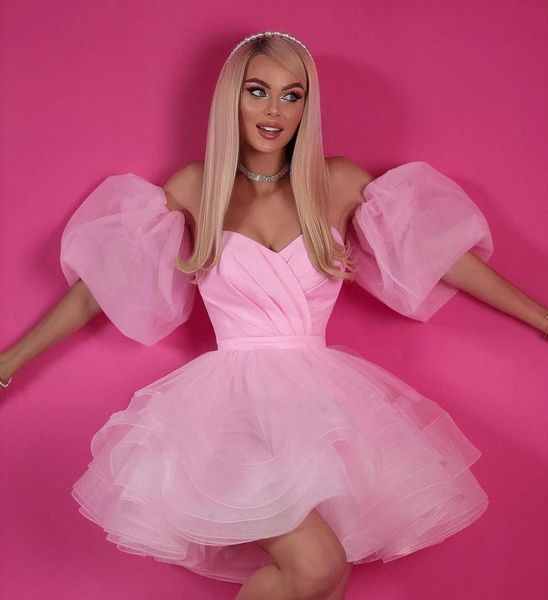 Robe de remise des diplômes de bal court Pink Fashion 2024 Sweetheart Guffy Sleeves Organza Birthday Homecoming Party Robe de Soiree