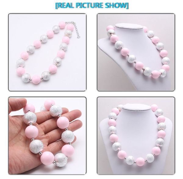 Collier épais pour enfants, couleur rose + argent, bijoux populaires en perles de Bubblegum pour petites filles, à la mode