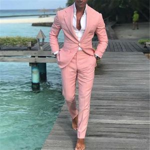 Mode Roze Slim Fit Nieuwste Mannen Pak Zomer Leisure Bruiloft Tuxedo 2 Stuks Prom Business Blazer Kostuum Homme272H