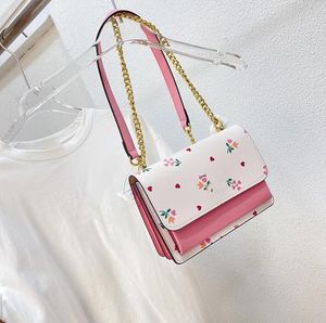 Bolso de hombro de doncella rosa-blanco a la moda, bolso de cadena con estampado de flores dulces, bolsos de mensajero de cuero de atmósfera avanzada para mujer de diseñador