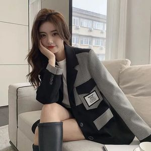 Mode Plaid contraste Blazer manteau femmes coréen lâche simple boutonnage costume veste couture poche col cranté vêtements d'extérieur 231229