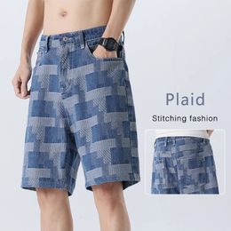 Fashion Plaid Denim Shorts For Men Summer Straight Casual Splicing Jeans Streetwear Baggy Wide Short Pants Man 240412