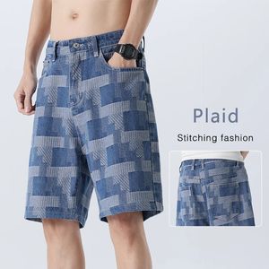 Fashion Plaid Denim Shorts pour hommes Summer Straight Casual Splicing Jeans Streetwear Baggy Wide Short Pants mâle 240327