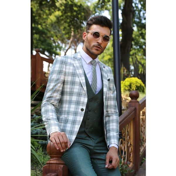 Mode Plaid Groom Tuxedos De Mariage Peaked Lapel Groomsman Wear Hommes Costumes De Mariage De Bal Meilleur Homme Casual Blazer Une Seule Veste