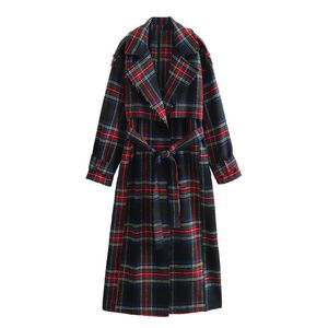 Mode Plaid Lange Trenchcoat Voor Vrouwen 2023 Herfst Winter Chic Windjack Jassen Dames Lange Mouw Lace-Up Geul