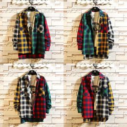 Mode Plaid imprimé hommes chemises mince coton à manches longues décontracté collège Style Patchwork couleurs Couple Blouse chemise