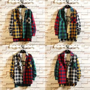 Mode geruite herenoverhemden Dun katoen met volledige mouw Casual college-stijl patchwork kleuren paar blouseoverhemd
