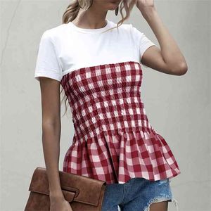 Mode Plaid Ruffles t-shirt tops femmes été multicolore épissage smocks à manches courtes col rond T-shirt femmes 210508