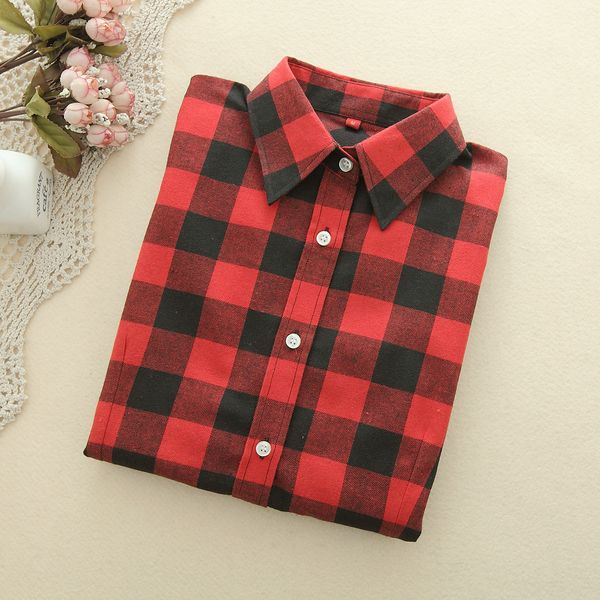 Chemise à carreaux de mode Femelle de style collégial Blouses pour femmes Shirt à manches longues en flanelle plus taille