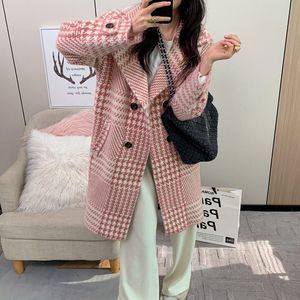 Mode geruite wollen jas vrouwen herfst winter Koreaanse stijl middellange jassen dames kraag warm roze bovenkleding LJ201202